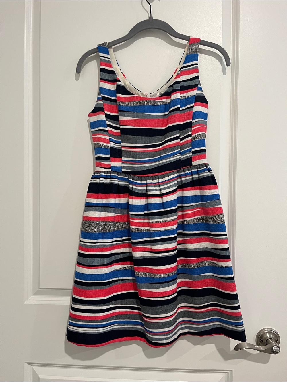 Striped Sleeveless Fit-and-Flare Dress in Blue, Coral, Black & White